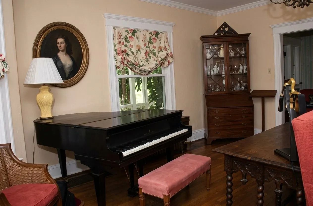 Baby grand piano in the living room at 48 Vauxhall B&B New London CT