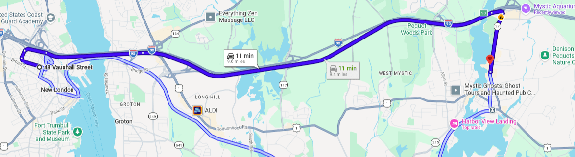 Driving directions from 48 Vauxhall bed and breakfast to Mystic Seaport Museum showing 10 minute drive distance