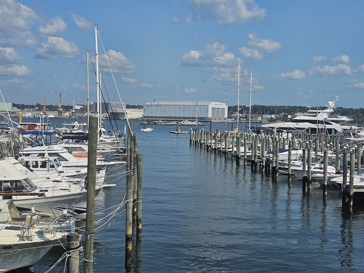 New London marina with boats along the Thames River waterfront