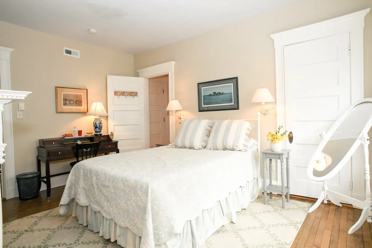 The inviting queen bedroom in The Blue Room at 48 Vauxhall B&B